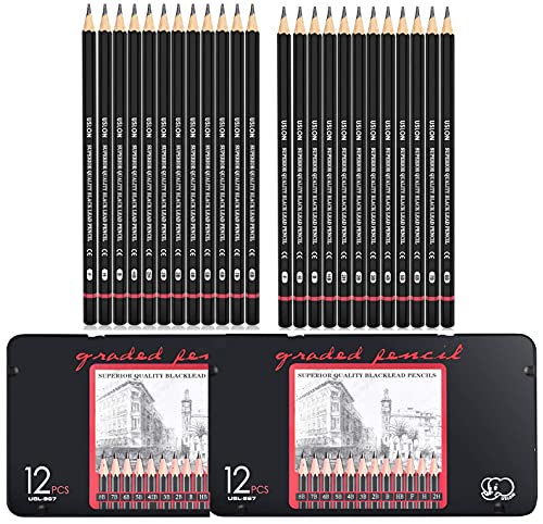 Corslet Drawing Art Shading Graphite Sketch Pencil Set for Sketching for Artist with Metal Case B 2B 3B 4B 5B 6B 7B 8B HB H 2H F (Pack of 24)