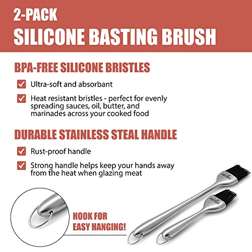 GRILLHOGS Sauce Basting Brush - Premium Stainless Steel Handles - Silicone Basting Brush - Dishwasher Safe Heat Resistant - Natural Long Lasting BBQ bush - Set of Two - Thumbnail 3