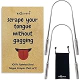 Tongue Scraper Cleaner - Stainless Steel Scrapers For Adults W/Free Travel Pouch - Naturally Antimicrobial Surgical Grade Metal To Get Rid Of Bacteria And Bad Breath
