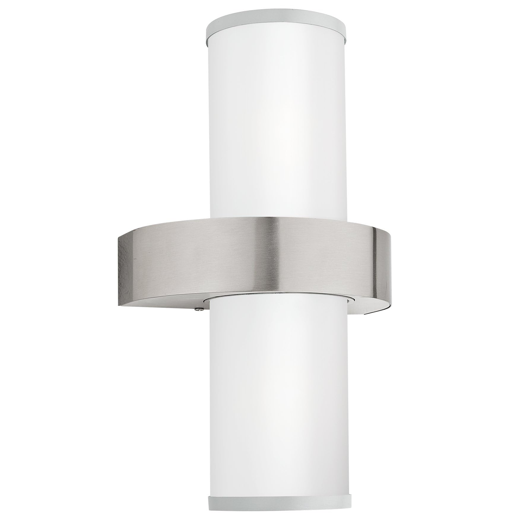 Eglo Beverly 2-Flame Outdoor Wall Light, Silver-Coloured Stainless Steel and White Satined Glass Exterior Porch Lighting, E27 Socket, IP44