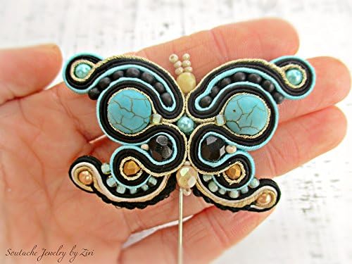 Black Turquoise Butterfly Soutache Brooch