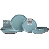 Sango 16-Piece Stoneware Dinnerware Set for 4, Semi-Matte Teal Plates and Bowls Sets with Rustic Speckled Glaze, Ceramic Dish Set, Elegant Boho Farmhouse Dishes, Microwave & Dishwasher Safe, Kaya Blue