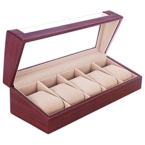 SONGMICS Watch Box 5 Slots Watch Organizer Display Case for Men and Women Mahogany Faux Leather UJWB05R