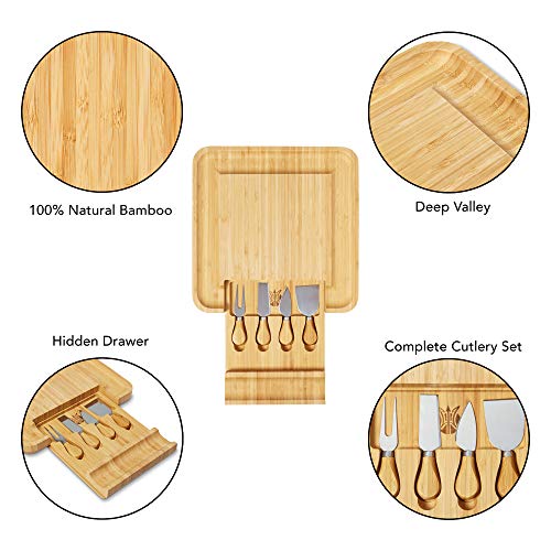 Bamboo Cheese Board- Cutlery Set Included- Pull Out Drawers- 100% Natural Bamboo- Ultimate Cheese And Meat Board- Precise Craftsmanship- Entertaining Gift- Meat Serving Tray
