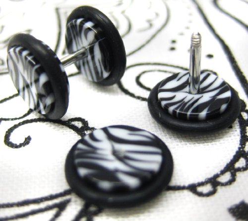 16G Fake Ear Plugs 0G Ear Cheater Black & White Zebra