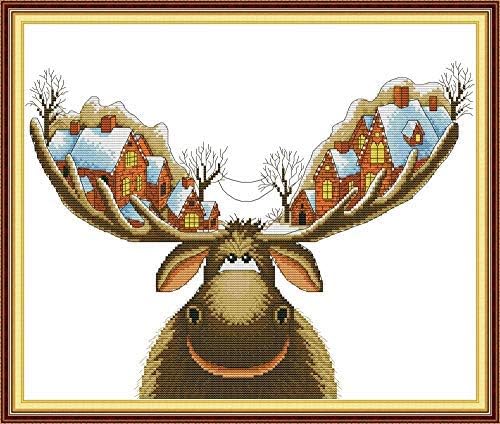 Stamped Cross Stitch Kits 14CT Pre-Printed Painting Cross Stiching DIY Art Crafts & Sewing Needlepoints Kit for Home Decor (Christmas Cottage on Antlers)