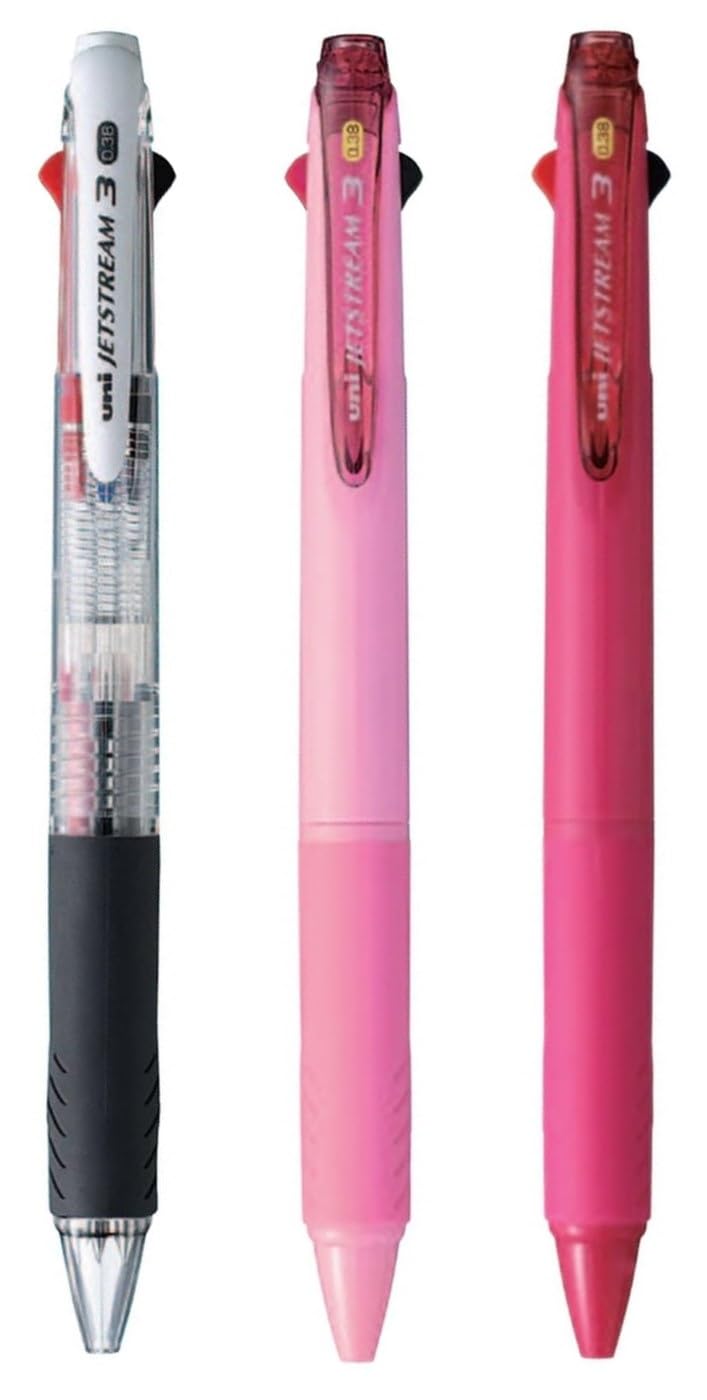 jetstream Assorted 3 Colour Ballpoint Pen - 0.38 mm, Black Blue Red Ink, Transparent, Baby Pink, Rose Pink
