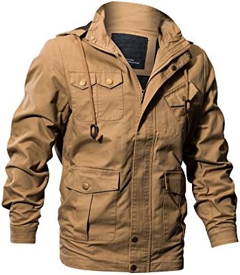 Buytop Men's Cotton Jacket Casual Military Windbreaker Jacket Cotton Trucker Outerwear(BT-Cotton Jacket-2601Khaki-L)
