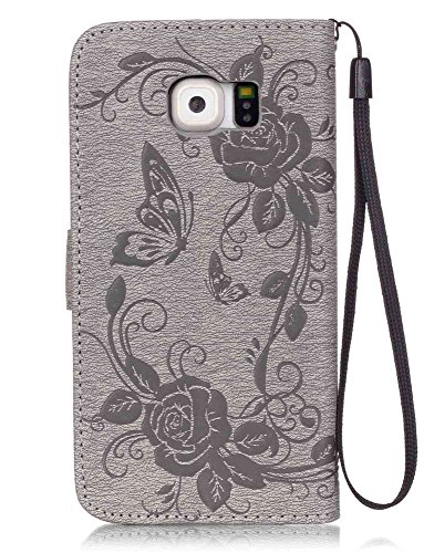 S6 Phone Wallet, Galaxy S6 Case, JanCalm [Wrist Strap] Premium PU Leather [Multi Card/Cash Slots] [Kickstand Feature] Magnetic Flip Folio Cover + Crystal Pen (Butterfly - Grey) - Thumbnail 2