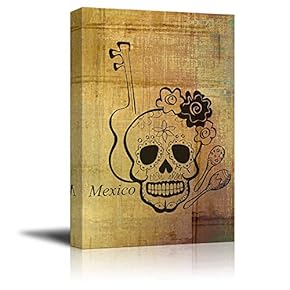 Canvas Print Wall Art - Skull with Flowers and a Guitar - Gallery Wrap Modern Home Art | Ready to Hang - 12x18 inches