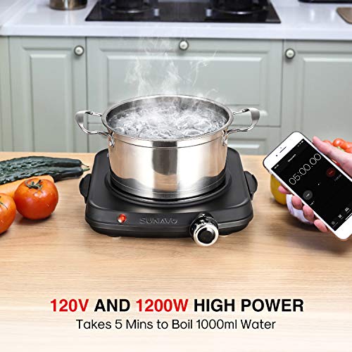 SUNAVO Electric Infrared Burner, 1200W Ceramic Glass Hot Plate, 6 Power Levels Stainless Steel Single Burner for Kitchen Camping RV and More Black