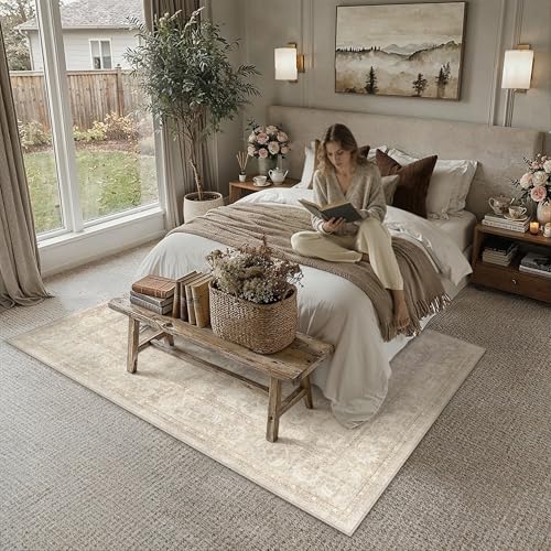PureCozy Vintage Alfombra Salon 200x300cm Beige Grandes Alfombras de Habitacion Antideslizante Lavable Lavadora Carpete Sala Comedor Dormitorio Oficina Pelo Corto Carpet