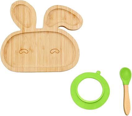 Tireow Assiette En Bambou Avec Ventouse En Silicone Et Cuillere A Soupe Cuillere Daspiration De Bol Pour Enfants Plat En Bambou De Forme De Renard Cuisine Et Maison Casiers Etageres Et Tiroirs