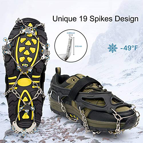 Crampons Ice Cleats for Shoes and Boots Women Men Kids Anti Slip 19 Spikes Stainless Steel Microspikes for Hiking Fishing Walking Climbing Jogging Mountaineering