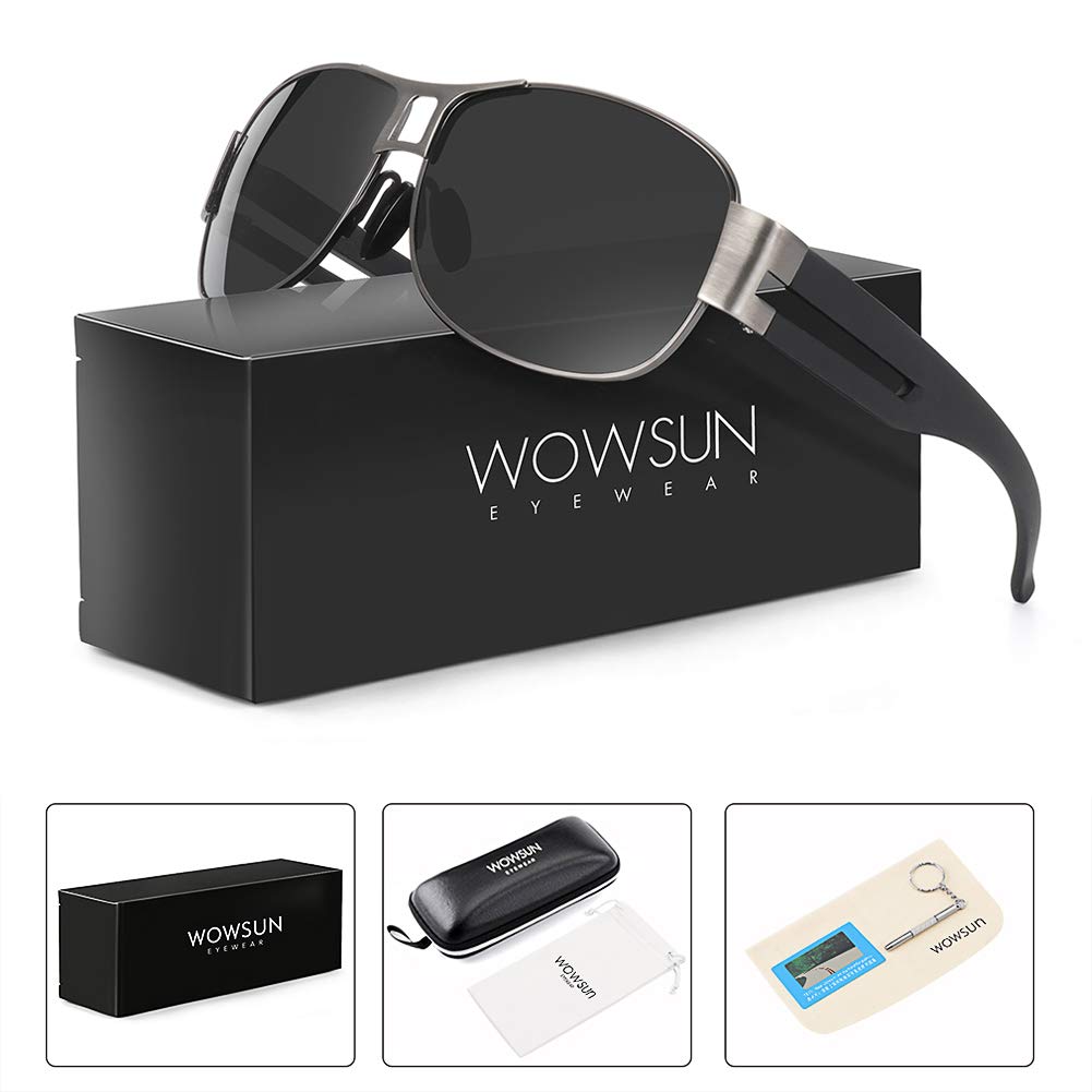 WOWSUN Classic Aviator Military Polarized Driving Sunglasses For Men | Ultralight Frame with 100% UV400 Protection Lens (Black Lens Gun Grey Frame)