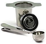 Stainless Steel Tea Infuser Strainer with eBOOK and Clip Spoon by UPWARD SPIRAL TEA | Extra Fine Rust Resistant Eco Friendly Micro Perforated Metal Mesh Filter For Loose Leaf Tea