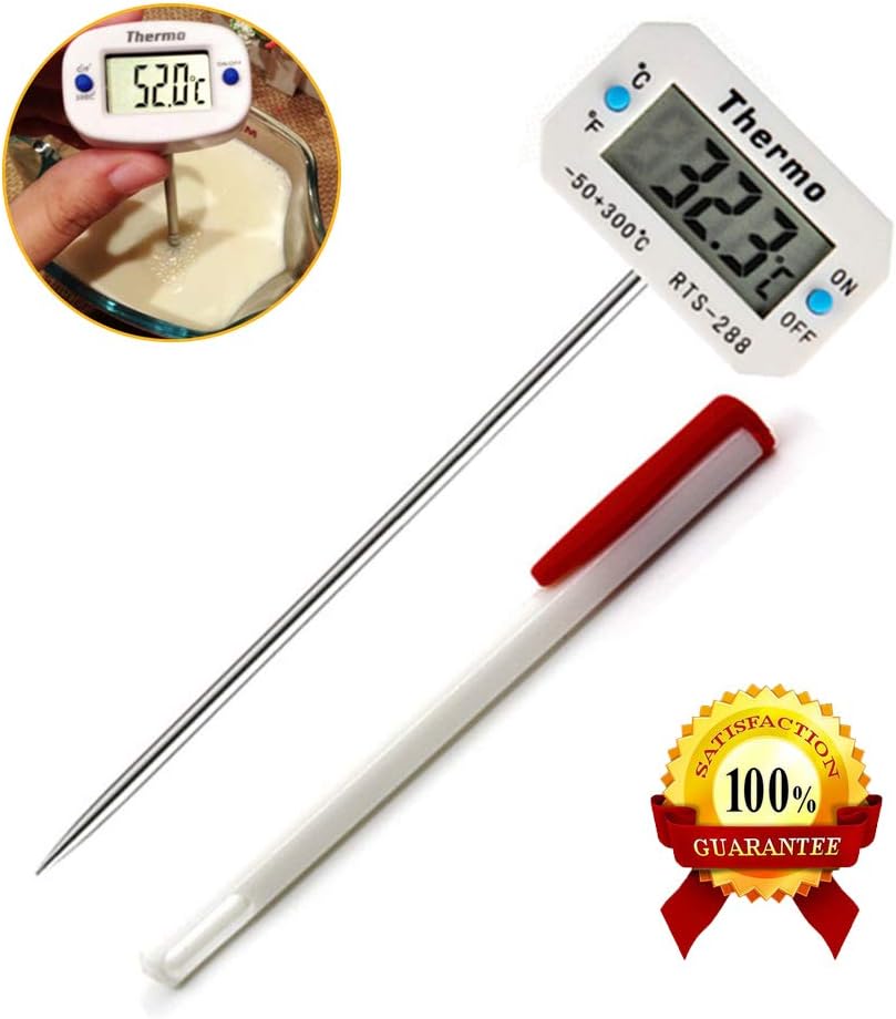 Meat Thermometer, BAVNCO Portable Rotatable LCD Instant Read Digital Thermometer Long Probe Waterproof Kitchen Cooking Food Thermometer for Meat BBQ Candy Barbecue Oil Milk Water (White)