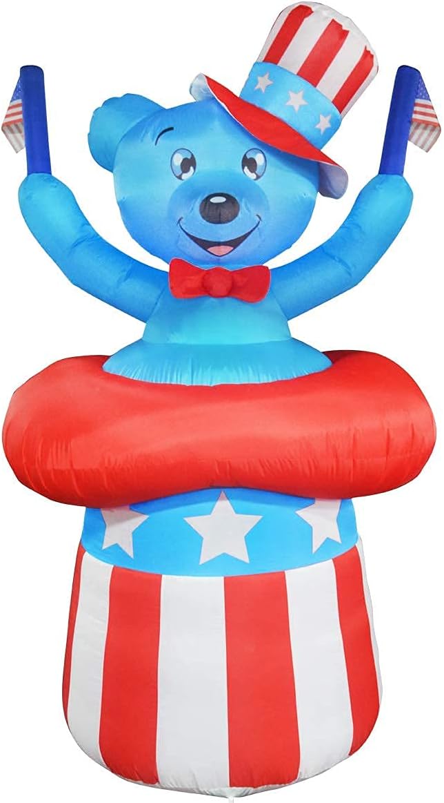 GOOSH 6.5 ft Tall Independence Day Inflatable Bear with Star Spangled Top Hat and American Flag Blowup Inflatables with Build-in LED Lights for Party Indoor,Outdoor,Yard,Garden,Lawn Decorations: Garden & Outdoor