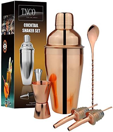TNCO Bar Shaker Set, Bartender Kit Tools in gift box with Recipe Guide includes: Martini shaker with Cocktail Strainer, ½ / 1 OZ Jigger, Mixer Spoon, 2×Liquor Pourers (Rose Gold, 19OZ / 550ml)