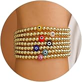 Tyebiva Trendy Colorful Evil Eye Gold Beaded Bracelet Stack Set for Women, 7 Pcs Boho Handmade Golden Ball Beads Elastic Bracelets Stretchable Jewelry Friendship Summer Gift