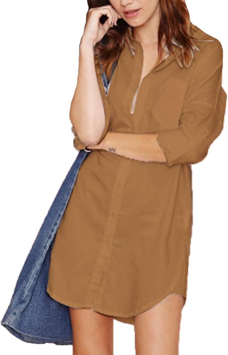 HAOYIHUI Women's Casual Long Sleeve Boyfriend Pocket Shirt Dress Tunic Top(Khaki，l