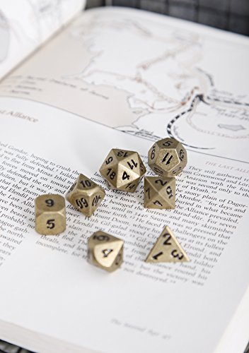 Forged Dice Co. Metal Polyhedral Dice (Set of 7 Polyhedral w/Tin, Ancient Gold w/Black Numbers Set of 7 Polyhedral w/Tin)