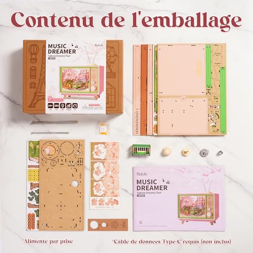 Rolife 3D Anime Sakura Tram TV Decor Jigsaw Puzzle Wooden Model 283 Pieces - Wooden Model Building with Mobile Tram & LED, Cherry Blossom Scene, Gift for Construction & Home