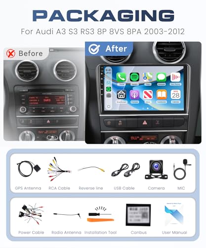8 Cores 6G+128G Android Car Radio for Audi A3 S3 RS3 8P 8VS 8PA 2003-2012 Carplay Android Auto Wireless with 9'' Touch Screen FM/RDS/EQ/DSP WiFi GPS Panoramic 360° Steering Wheel Controls Reverse