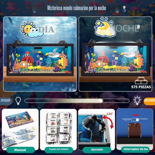 TectoStrux 8 in 1 Fish Tank Construction Toy, Marine Aquarium Building Block with LED Light, Model 9 Toy Included Octopus Crab, Christmas Birthday Gifts for Kids Children 6-12 Years Old