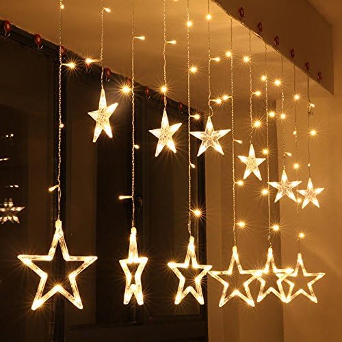 The Kingdom Store™12 Stars 138 LED Curtain String Lights, Window Curtain Lights with 8 Flashing Modes Decoration for Christmas, Wedding, Party, Home, Patio Lawn, Warm White