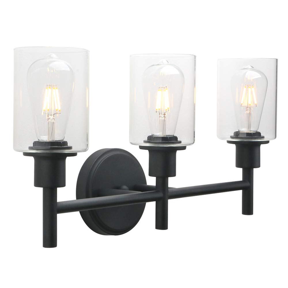 Phansthy Retro Style Three Heads Wall Lights Industrial Glass Shade Vintage Wall Sconces Indoor Lights for Loft Bar Kitchen Lamp Bedroom Vanity Mirror E27 Bulb Cap (Black)