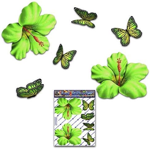 JAS Stickers Hibiscus Flower/Butterfly CAR Decals - Green - Small Tropical/Animal Vinyl Stickers Pack for Laptop Caravans Trucks & Boats - ST00023GR_SML