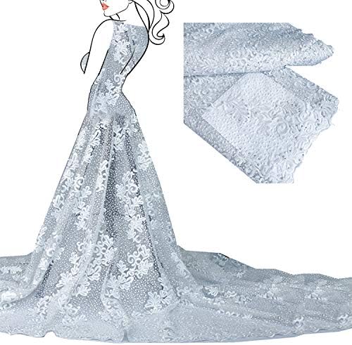SALAMUTU African French Lace Fabric 5 Yards Nigerian Eco-Friendly Embroidery Lace Fabric with Rhinestones and Beadsfor Party Dress Formal Wedding Dress 5 Colors (White)