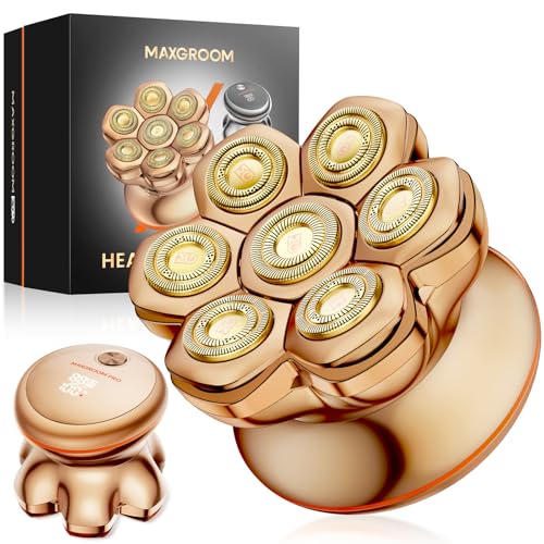 7D PRO Bald Razor Men, MAXGROOM IPX6 Waterproof Head Shaver Bald with Magnetic Floating Head, 1400 mAh Battery Head Razor Men, 8800 RPM Gold Head Shaver Men, Type-c 0 mm Bald Razor