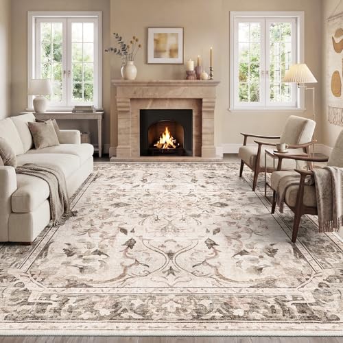 IKALIFE Beige Vintage Living Room Rug 300 x 400 cm – Machine Washable Short Pile Non-Slip Soft Large for Living Room Bedroom Hallway Dining Room