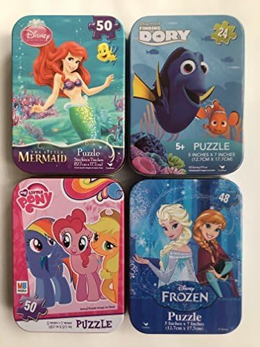 4 Collectible Travel Tin Puzzles for Girls. Finding Dory, Frozen, My Little Pony and The Little Mermaid Bundle Set
