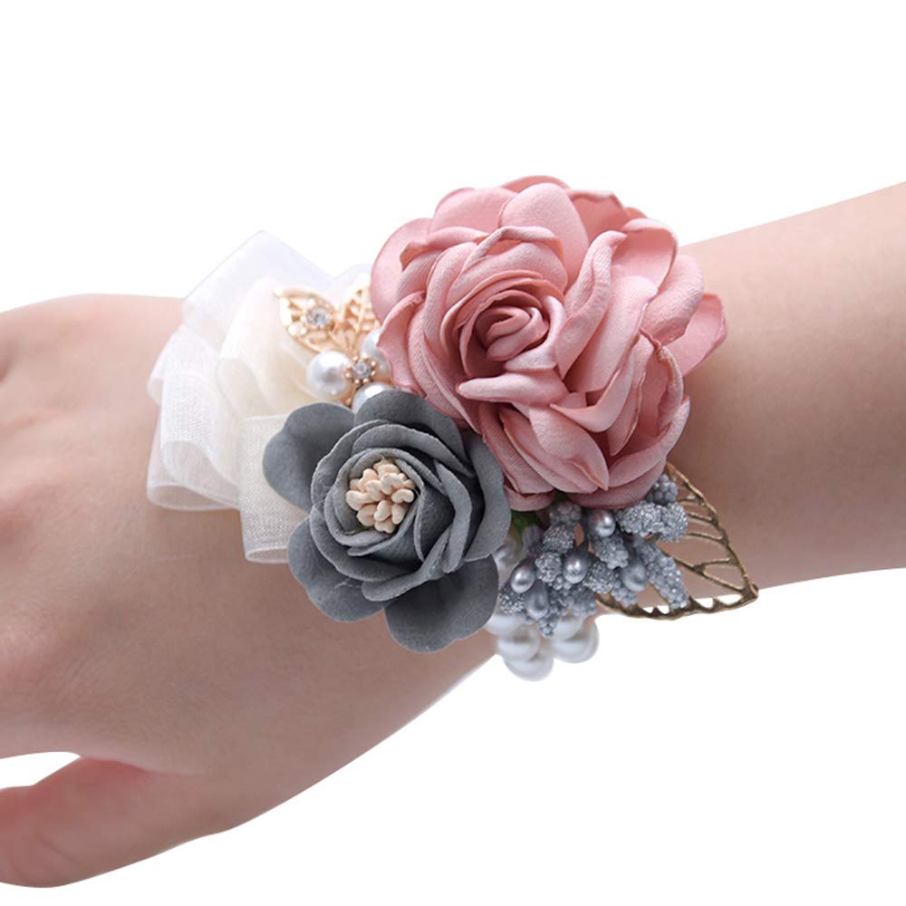 Shiwaki Wedding Supplies Decoration Girl Bridesmaid Wrist Flower Prom Party Small Pink Tea Wrist Wedding Flower Decoration Gift (Champagne)