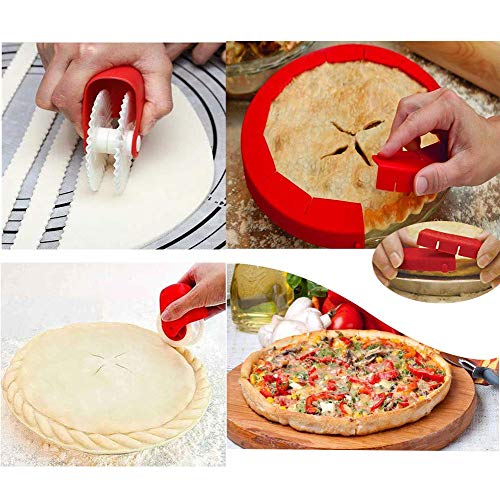 Adjustable Pie Crust Shield and Pastry Wheel Decorator + Cutter Silicone Pie Protectors Cover Kitchen Tool for Baking Pie Fit 8 Inch to 11.4 Inch Diameter Pies 4 Pack