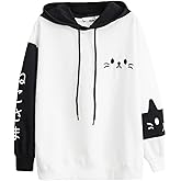 Moleobea Women Kawaii Meow Cat Ear Hoodie Japanese Black White Preppy Hooded Sweatshirt Cute Streetwear Fall Winter Warm Tops