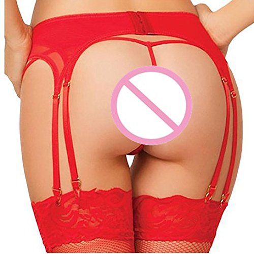 2018 Fashion Hot Sexy Lace Temptation Sleepwear, Dressffe Women Sexy Bow Perspective Thigh-Highs Garter Belt Suspender Lingerie (Red)