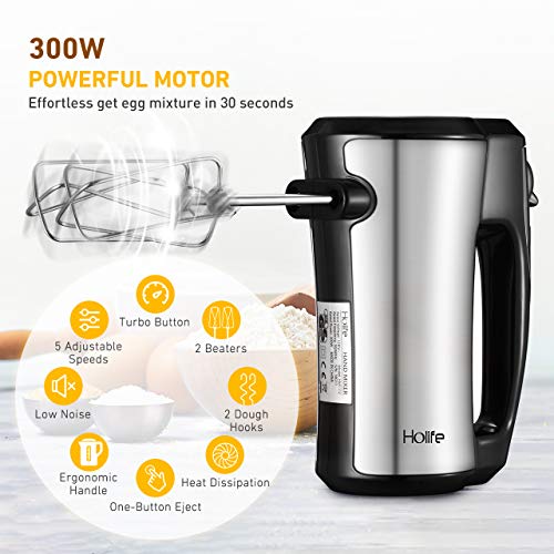 Holife 5-in-1 Handheld Mixer Stainless Steel 300W Ultra Power 5 speed (560-1300 RPM) Hand mixer Electric with Turbo and Easy Eject Button, Easy Storage Hand Mixers for Mixing Egg, Cream, Dough