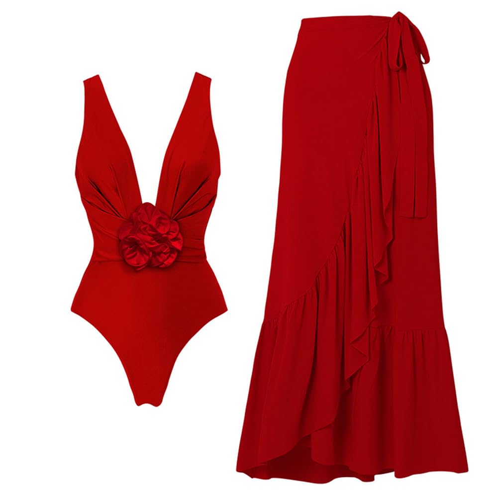 Photo 1 of IMEKIS Swimsuit with Cover up Set for Women 2024: Trendy 2 Piece Vacation Outfits Tropical Floral Swimwear One Piece Bathing Suit with Matching Sarong Summer Bikini Dress Monokini Red Flower Medium