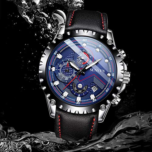 SUNVEN Man\'s Blue Watch Waterproof Sports Quartz Water Resistant 30M with Black Leather Strap Chronograph and Calendar Military Outdoor Style Fashion Watches for Men