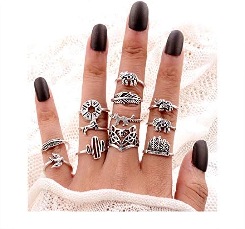 Hanloud Vintage Knuckle Rings Set Multi Cactus Crystal Crown Elephant Animal Stacking Rings 8/12/13 Pack