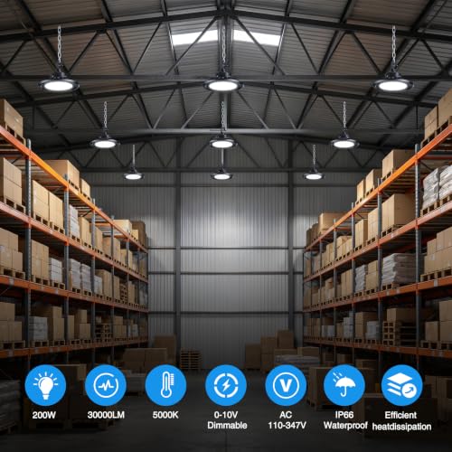 G GJIA 4Pack 200W UFO LED High Bay Light, Adjustable of 30,000LM High Bay LED Shop Lights, 150LM/W, 0-10V Dim, 120-347V, 5000K Daylight Waterproof for Warehouse Workshops - UL Listed