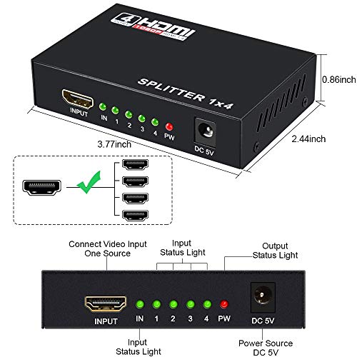 HDMI Splitter 1 in 2 3 4 Out WEILIANTE 4K Aluminum Ver1.4 HDCP 1X4 Ports Video Converter, Supports 3D 4K Full HD1080P for Xbox PS4 PS3 Fire Stick Roku Blu-Ray Player Apple TV HDTV