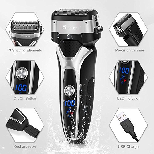 SURKER Electric Shaver Razor for Men Foil Shaver Wet and Dry Waterproof with Sidebums Trimmer LED Display USB Charging