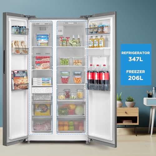Midea 704L Gross & 513L Net Capacity Side by Side Refrigerator With Water Dispenser, Frost Free With Humidity Control, Electronic Touch Screen, Inverter Quattro, Multi Air Flow, Silver MDRS704FIE02AE