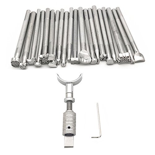 Gimiton Stainless Adjustable Swivel Knife Sturdy Leather Cutting Tool + 20pcs Leather Working Saddle Making Stamps Tools Set Leather Craft Stamp Kits (Knife & Saddle)