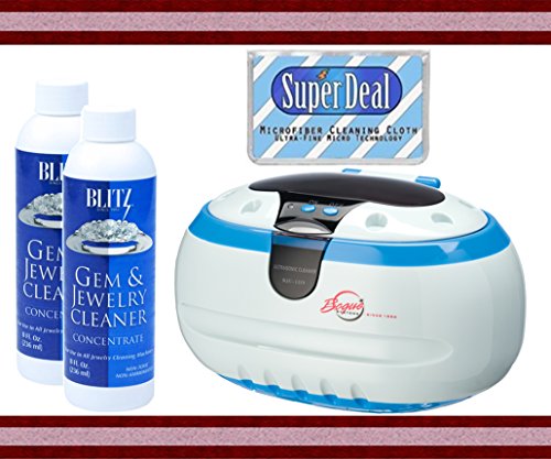 Bogue Systems Professional Grade Ultrasonic Jewelry Cleaner 2800 + 2 Blitz (8oz) Concentrated Gem & Jewelry Cleaning Solutions, with BONUS CLEANING CLOTH (Blue)